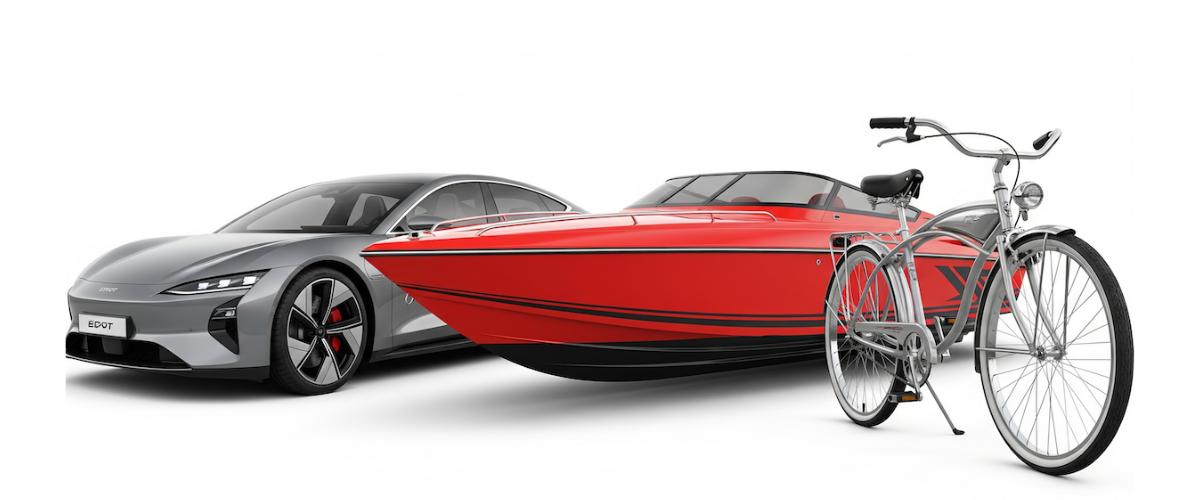 A bike, a speedboat and an electric car