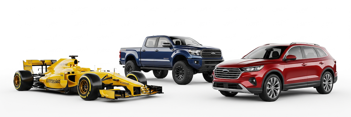An F1, a Pickup Truck, and an SUV